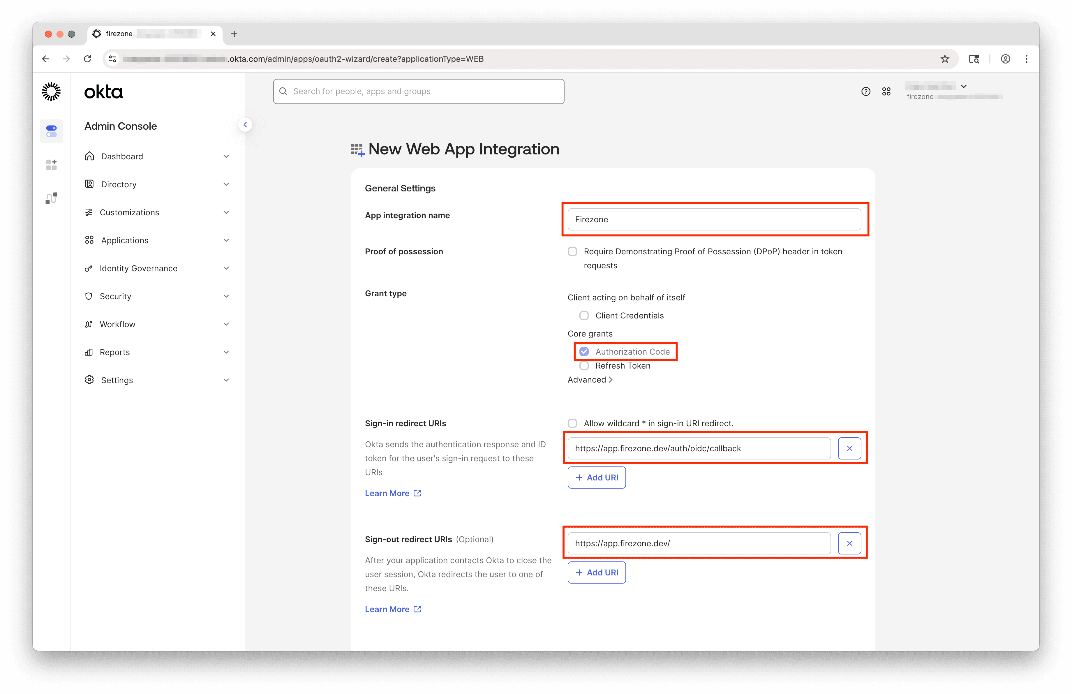 New Okta app integration form