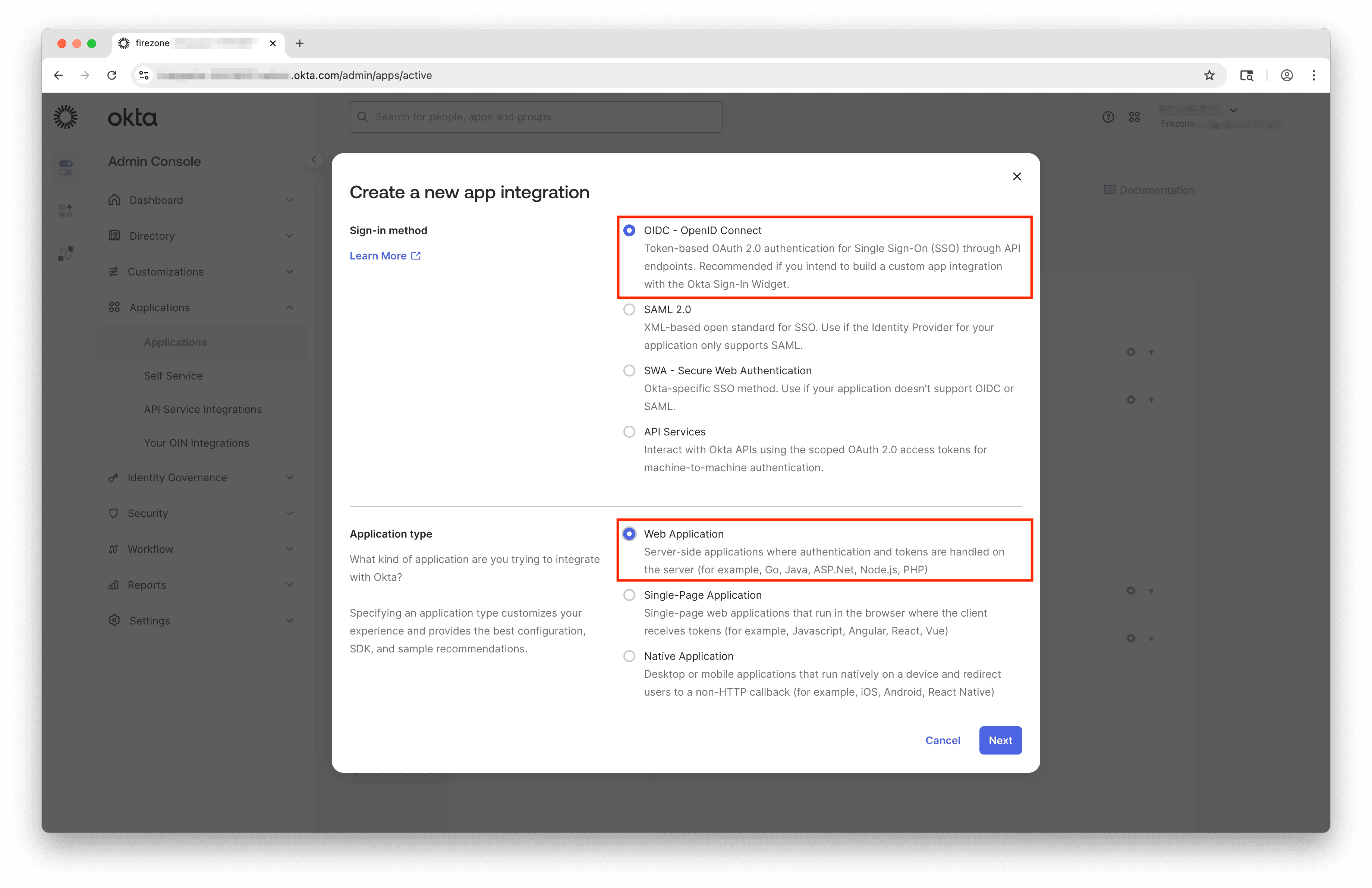 New Okta app integration start