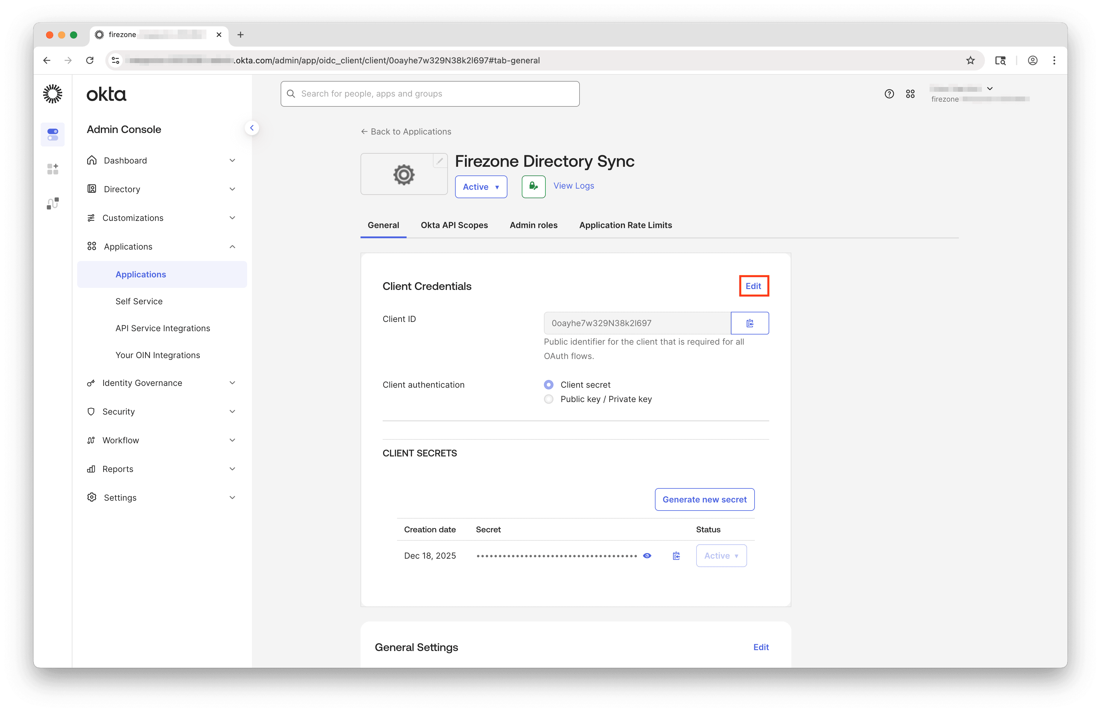 Okta app integration general tab
